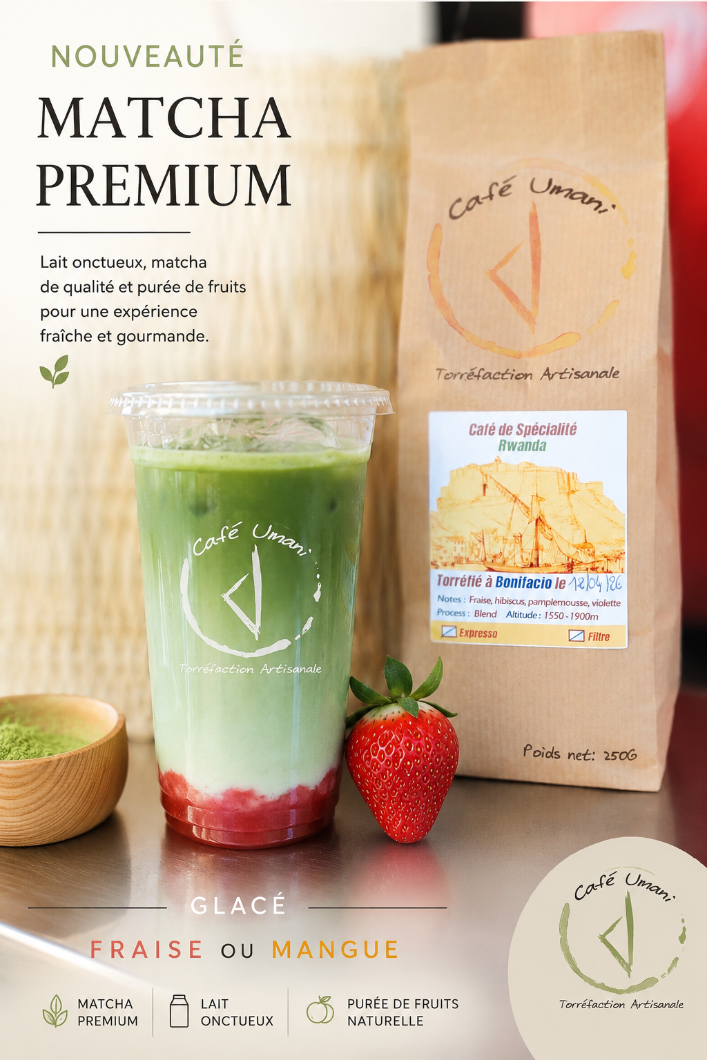 matcha premium préparé par le café umani au marché de bonifacio